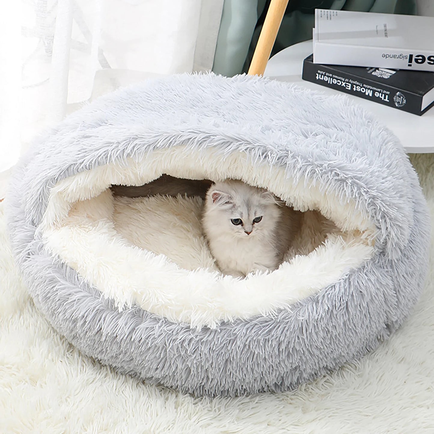 Calming Hooded Dog and Cat Bed, Removable and Washable Round Design for Small to Medium Pets, Anti-Slip Faux Fur for Enhanced Comfort, Suitable for Pets Up to 11 Pounds