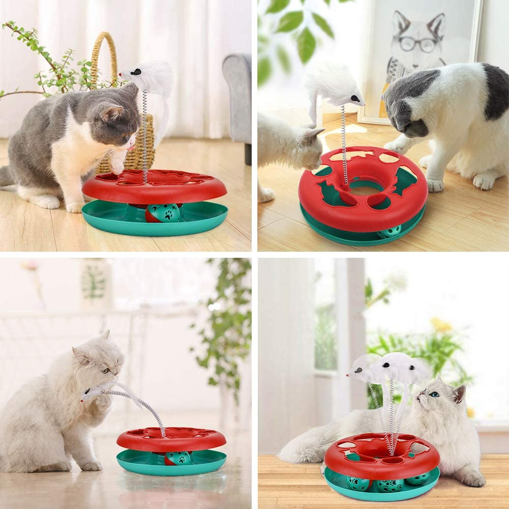 Interactive Cat Toy Set for Indoor Cats - Roller Tracks with Catnip Springs and Teaser Mouse, Red