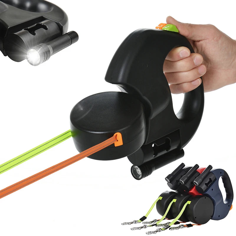 3M Reflective Retractable Dog Leash for Small Dogs with Dual Lead, 360° Swivel, Tangle-Free Design, and Integrated Lights