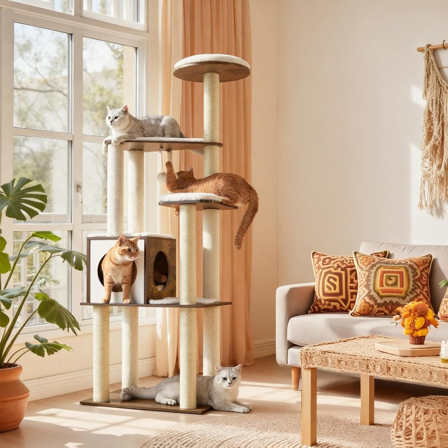 64.6-Inch Modern Cat Tower with Multi-Level Condo, 5 Scratching Posts, Perch, Washable Cushions, and Cave in Rustic Brown