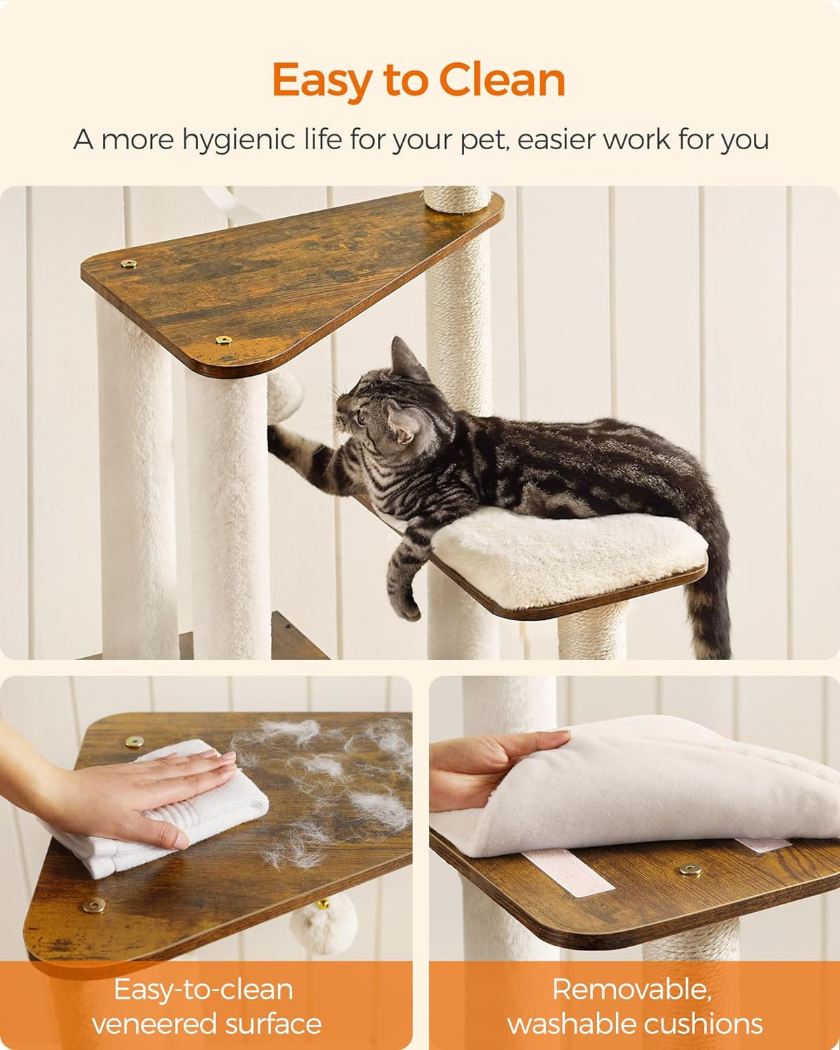 64.6-Inch Modern Cat Tower with Multi-Level Condo, 5 Scratching Posts, Perch, Washable Cushions, and Cave in Rustic Brown
