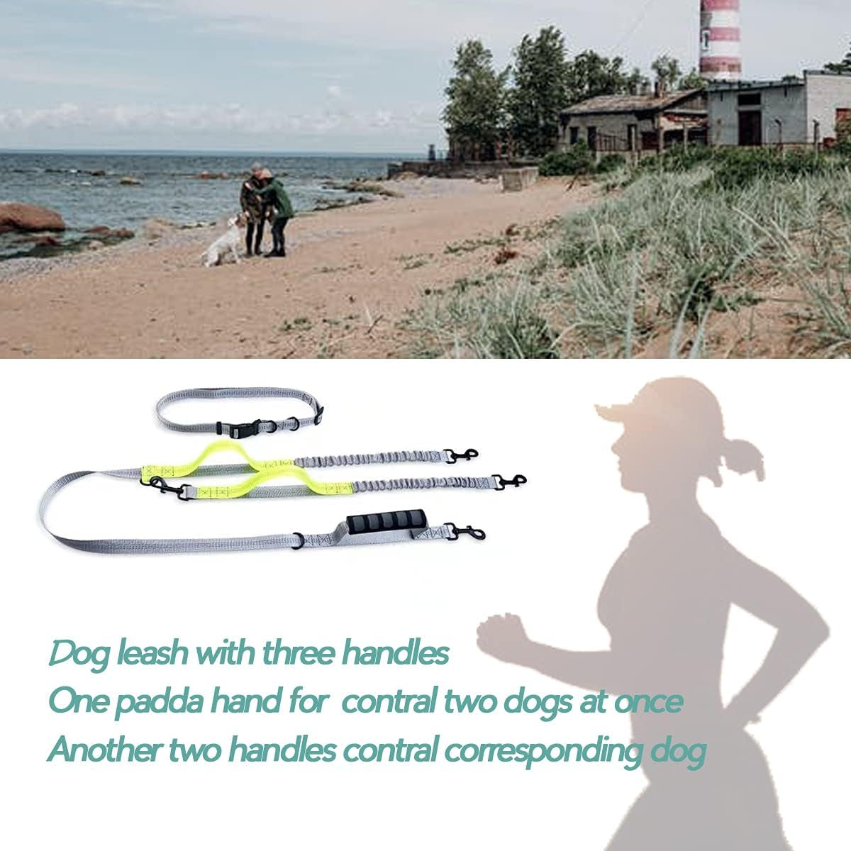 Dual Dog Leash with 360° Swivel, Tangle-Free Bungee Design, Shock Absorbing and Reflective, Hands-Free Walking and Training Solution for Two Dogs, Yellow