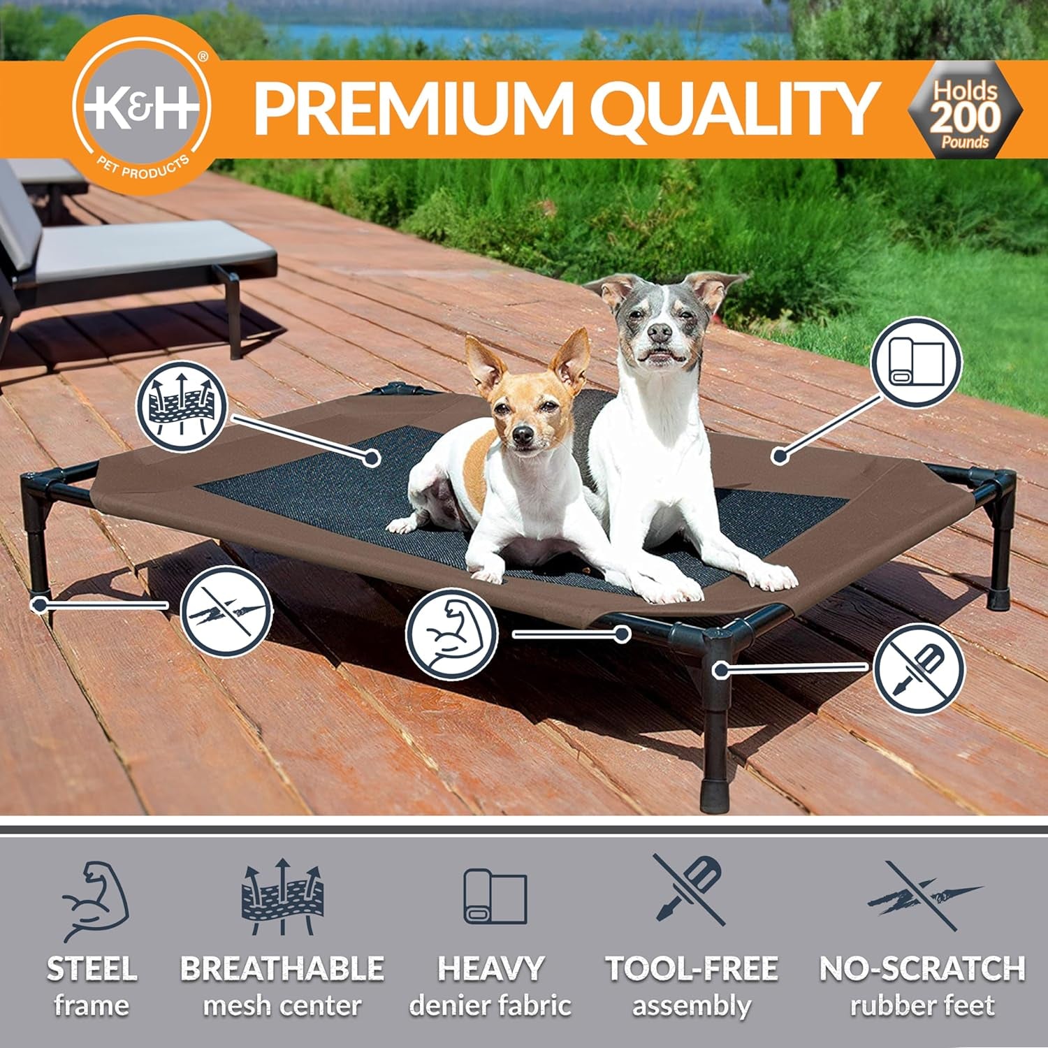 Elevated Outdoor Dog Cot - Breathable Cooling Hammock Bed for Large Dogs, Washable Mesh Cover, Raised Metal Frame, Collapsible and Portable - Large 42 x 30 inches, Chocolate