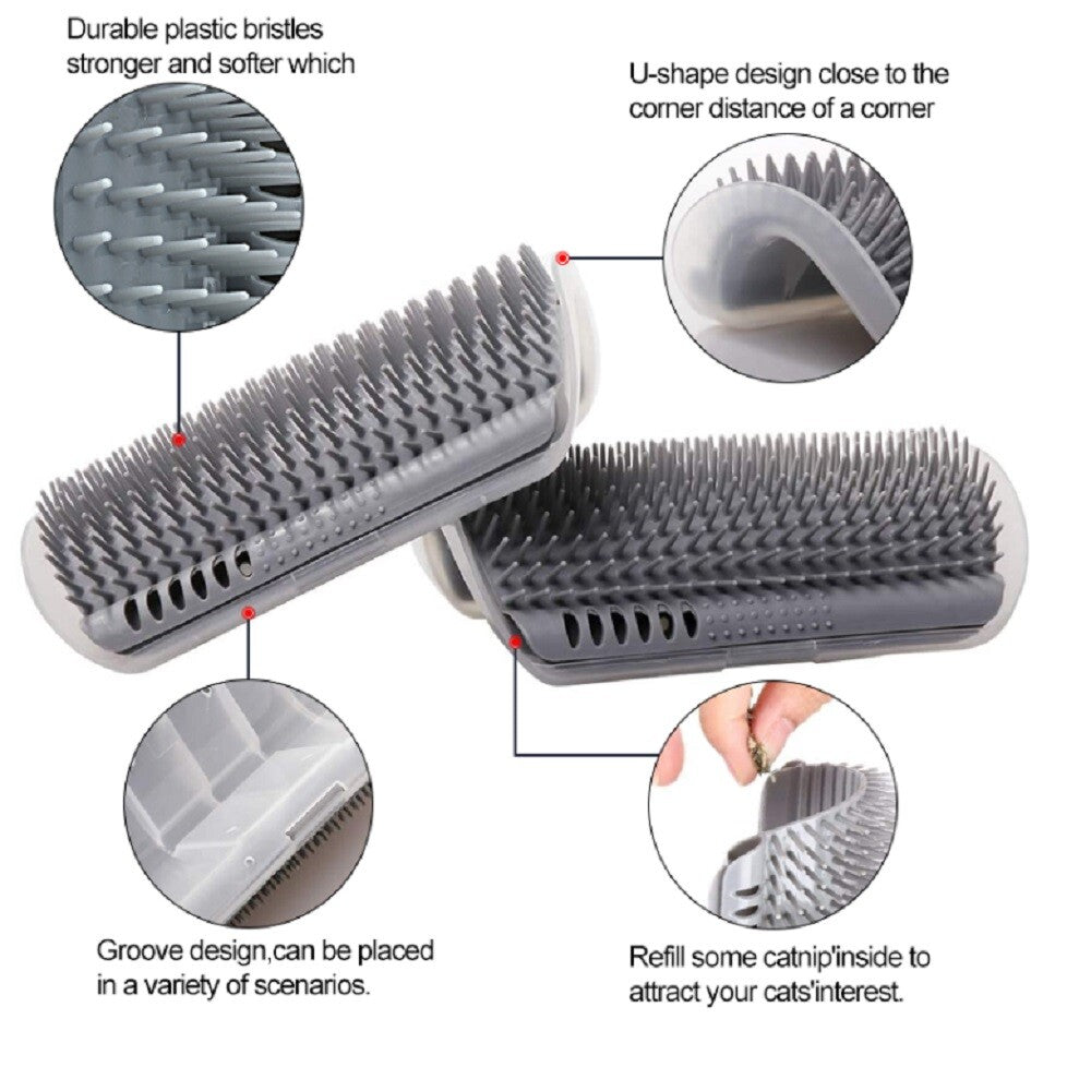 Cat Self-Grooming Wall Brush with Corner Scratcher, Massage Comb, and Catnip Holder