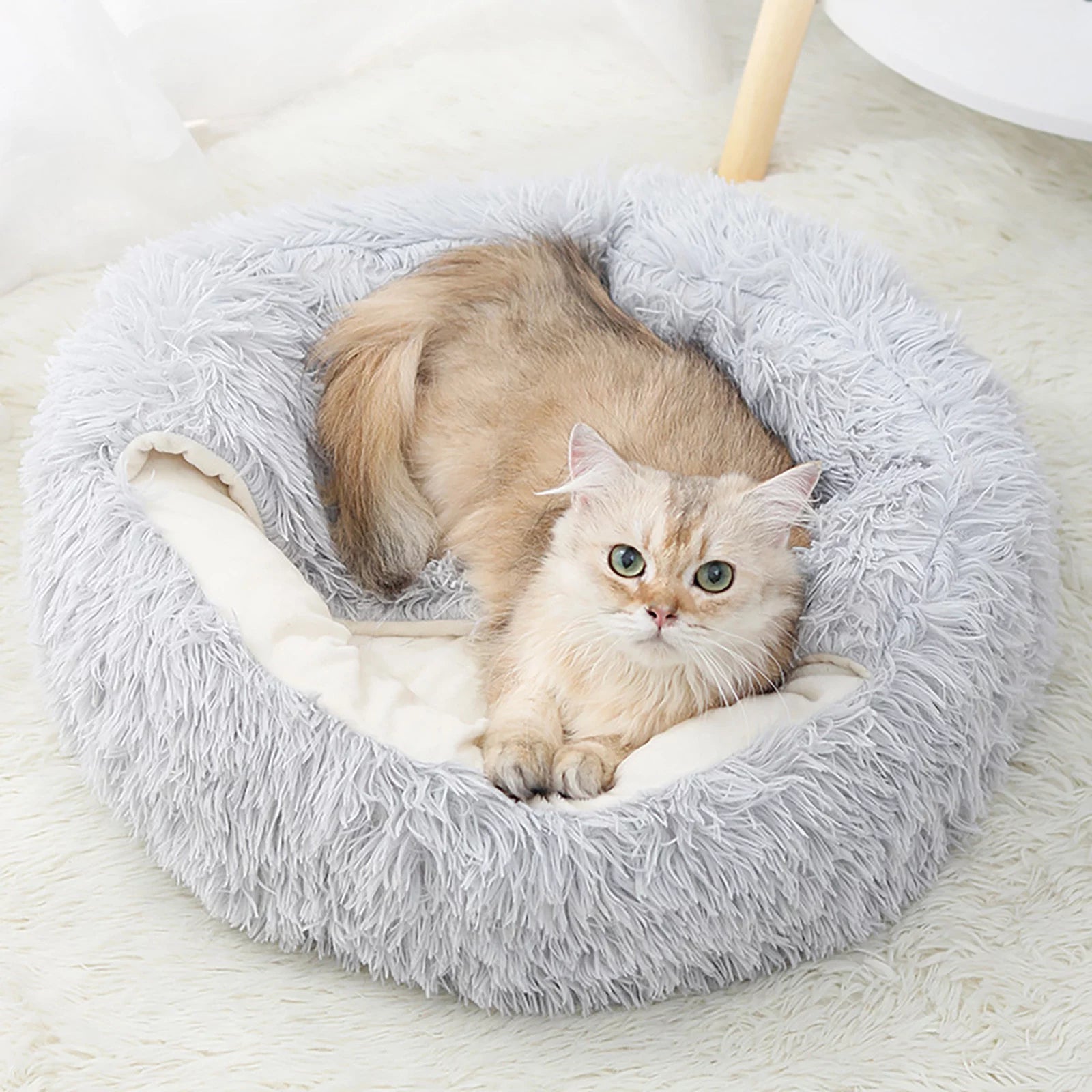 Calming Hooded Dog and Cat Bed, Removable and Washable Round Design for Small to Medium Pets, Anti-Slip Faux Fur for Enhanced Comfort, Suitable for Pets Up to 11 Pounds