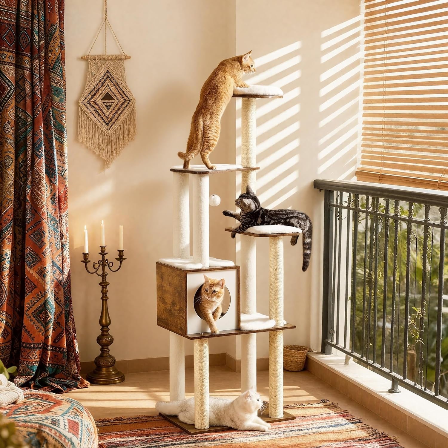 64.6-Inch Modern Cat Tower with Multi-Level Condo, 5 Scratching Posts, Perch, Washable Cushions, and Cave in Rustic Brown