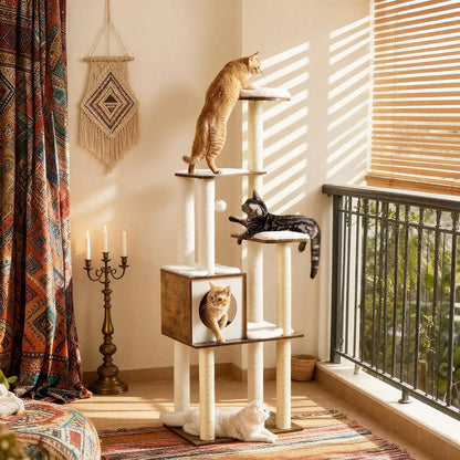 64.6-Inch Modern Cat Tower with Multi-Level Condo, 5 Scratching Posts, Perch, Washable Cushions, and Cave in Rustic Brown