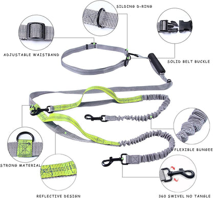 Dual Dog Leash with 360° Swivel, Tangle-Free Bungee Design, Shock Absorbing and Reflective, Hands-Free Walking and Training Solution for Two Dogs, Yellow
