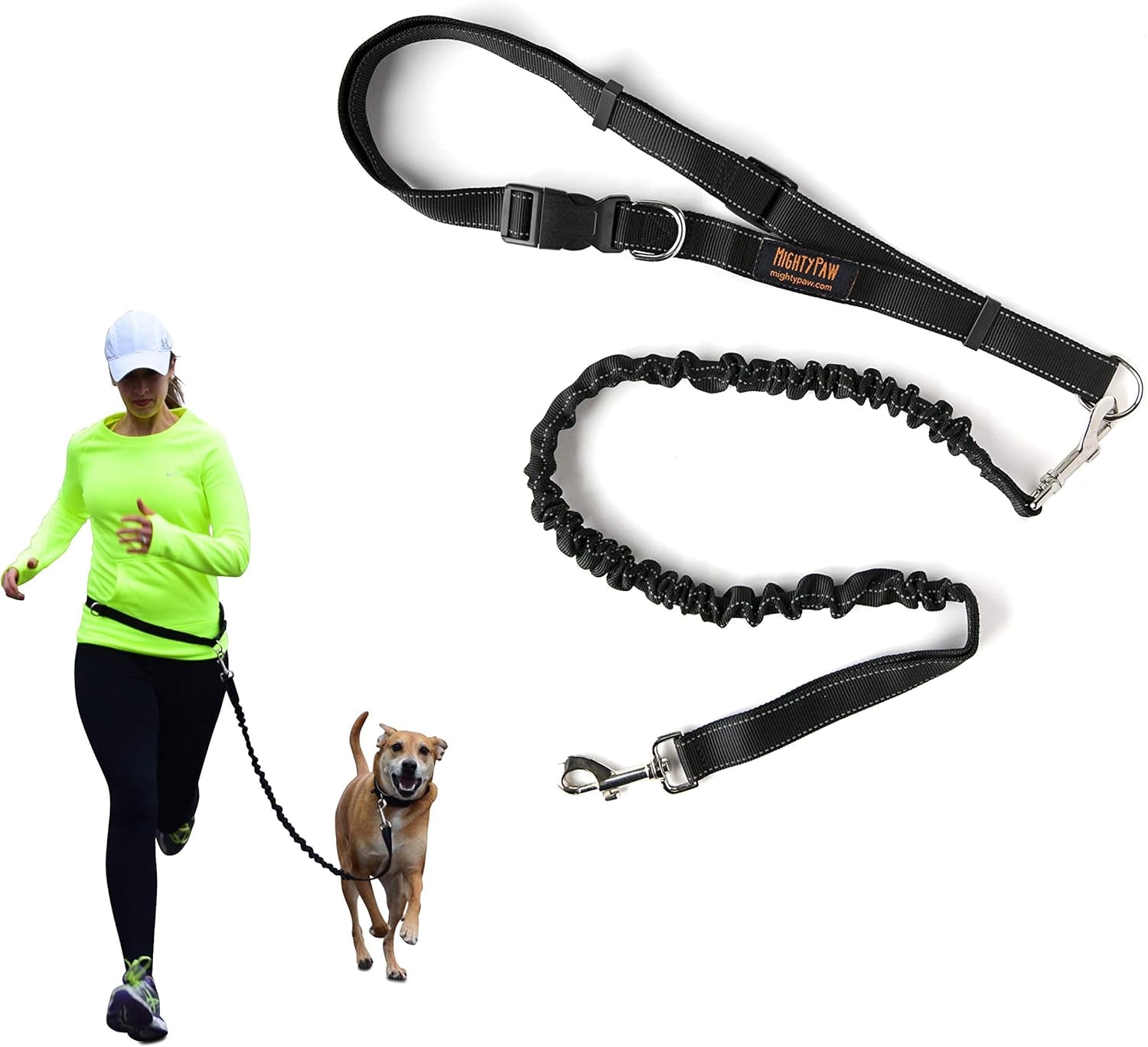 Hands-Free Dog Leash | Bungee Waist Leash for Walking and Running with Pets of All Sizes | Adjustable Waist Belt (36" - 48") Supports Up to 150 lbs - Black