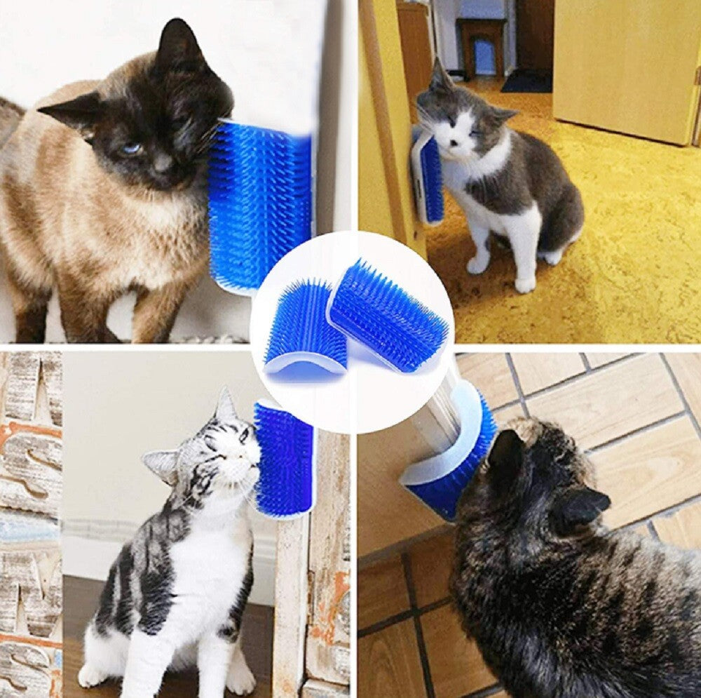 Cat Self-Grooming Wall Brush with Corner Scratcher, Massage Comb, and Catnip Holder
