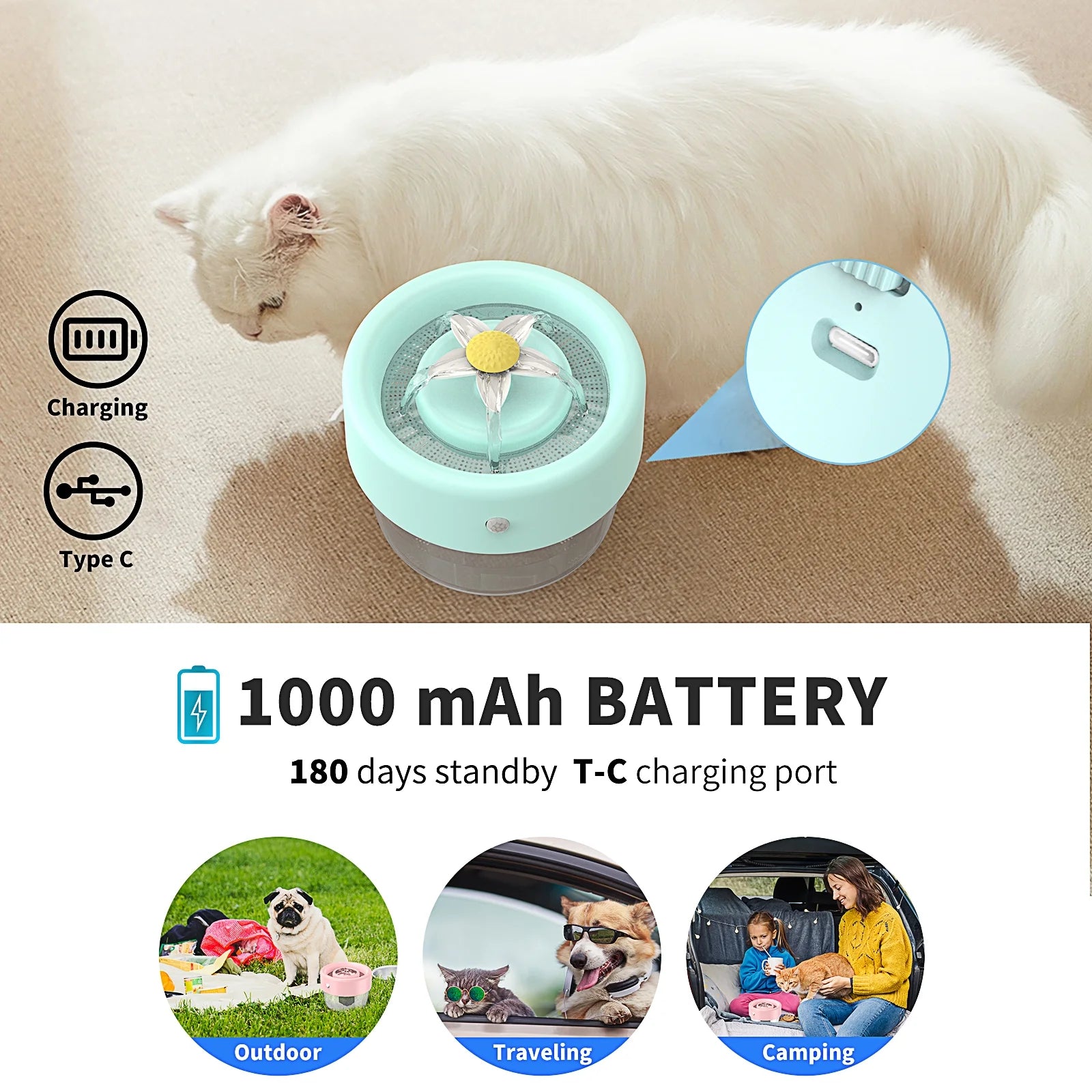 Automatic Cat Water Fountain with 1000mAh Battery, 35 oz Capacity, Blue