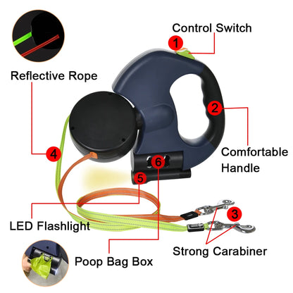 3M Reflective Retractable Dog Leash for Small Dogs with Dual Lead, 360° Swivel, Tangle-Free Design, and Integrated Lights