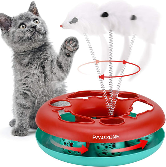Interactive Cat Toy Set for Indoor Cats - Roller Tracks with Catnip Springs and Teaser Mouse, Red