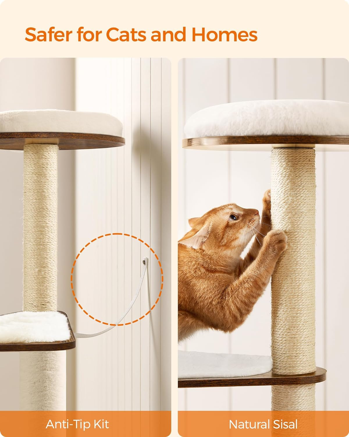 64.6-Inch Modern Cat Tower with Multi-Level Condo, 5 Scratching Posts, Perch, Washable Cushions, and Cave in Rustic Brown