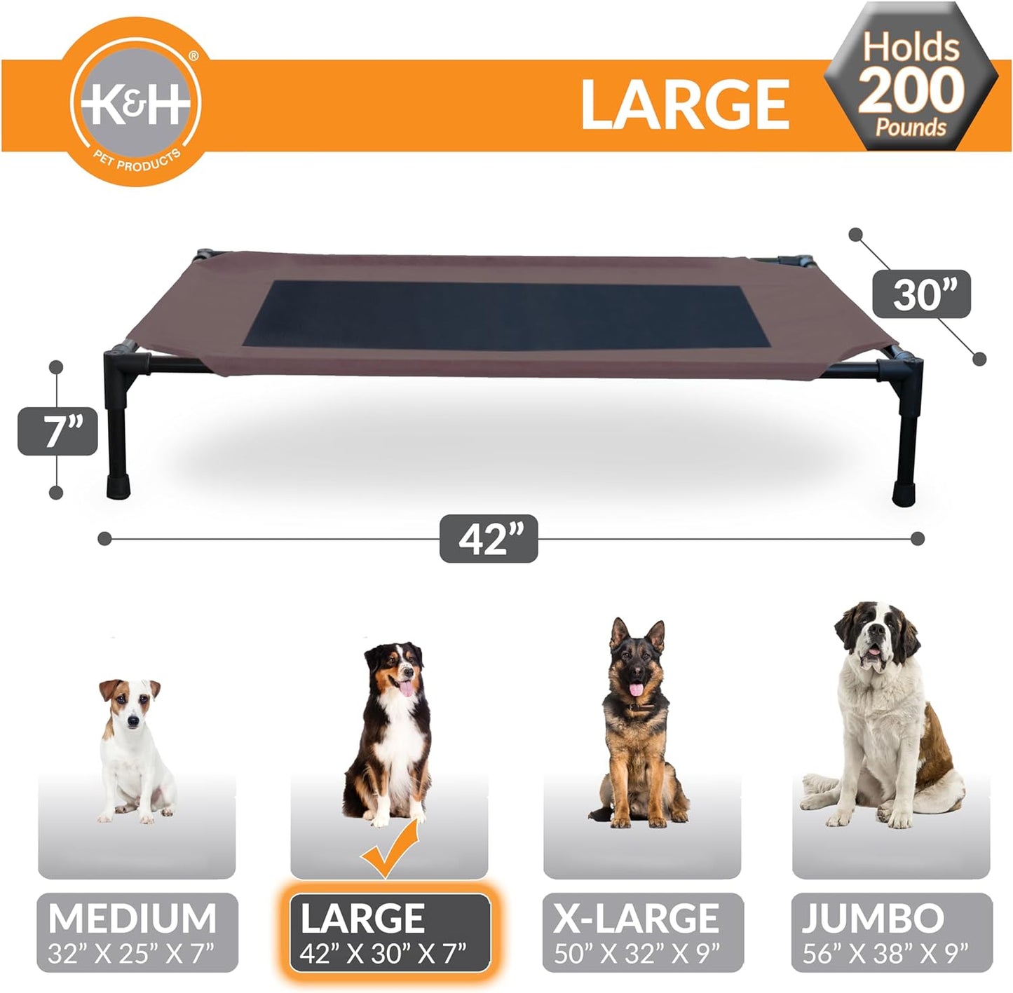 Elevated Outdoor Dog Cot - Breathable Cooling Hammock Bed for Large Dogs, Washable Mesh Cover, Raised Metal Frame, Collapsible and Portable - Large 42 x 30 inches, Chocolate