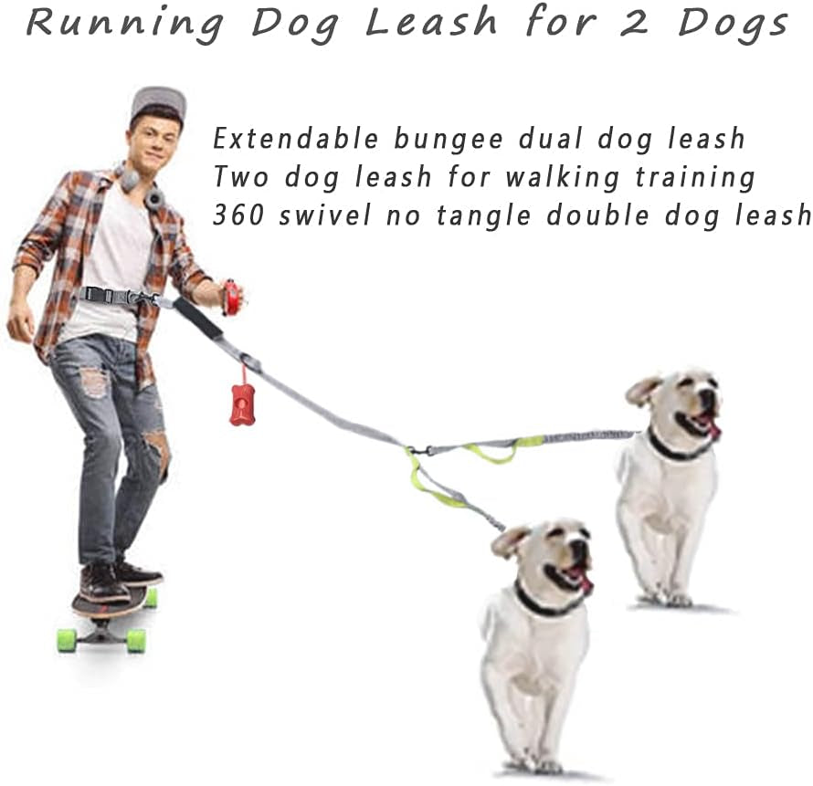 Dual Dog Leash with 360° Swivel, Tangle-Free Bungee Design, Shock Absorbing and Reflective, Hands-Free Walking and Training Solution for Two Dogs, Yellow