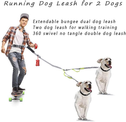 Dual Dog Leash with 360° Swivel, Tangle-Free Bungee Design, Shock Absorbing and Reflective, Hands-Free Walking and Training Solution for Two Dogs, Yellow