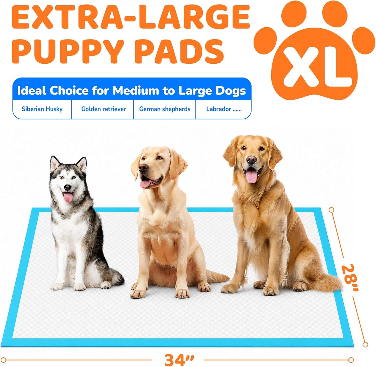 Extra Large Disposable Dog Pee Pads - Super Absorbent and Leak-Free Puppy Potty Training Pads (28" x 34")