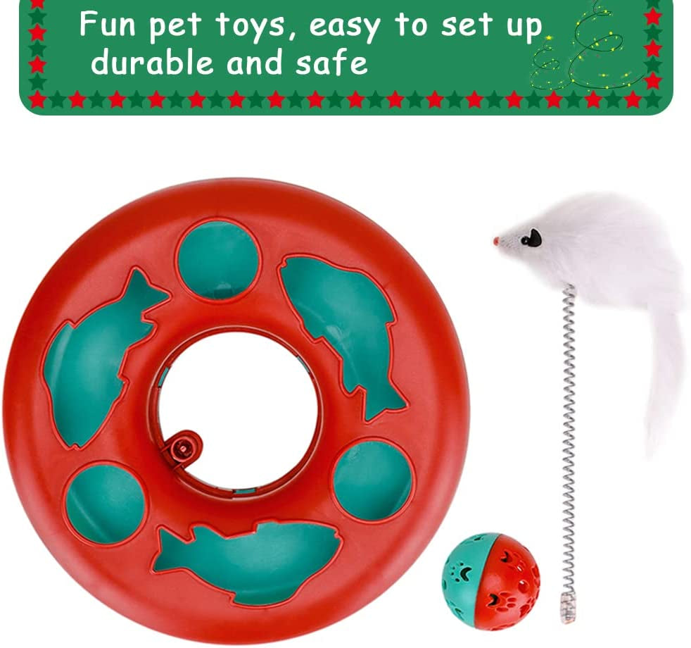 Interactive Cat Toy Set for Indoor Cats - Roller Tracks with Catnip Springs and Teaser Mouse, Red