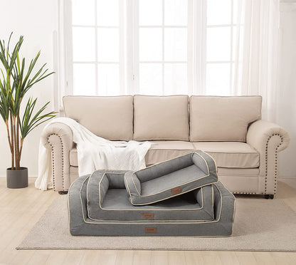 Deluxe Orthopedic Dog Sofa Bed with Egg Foam Mattress and Removable Washable Linen Cover for Small, Medium, and Large Dogs (Grey, Small)