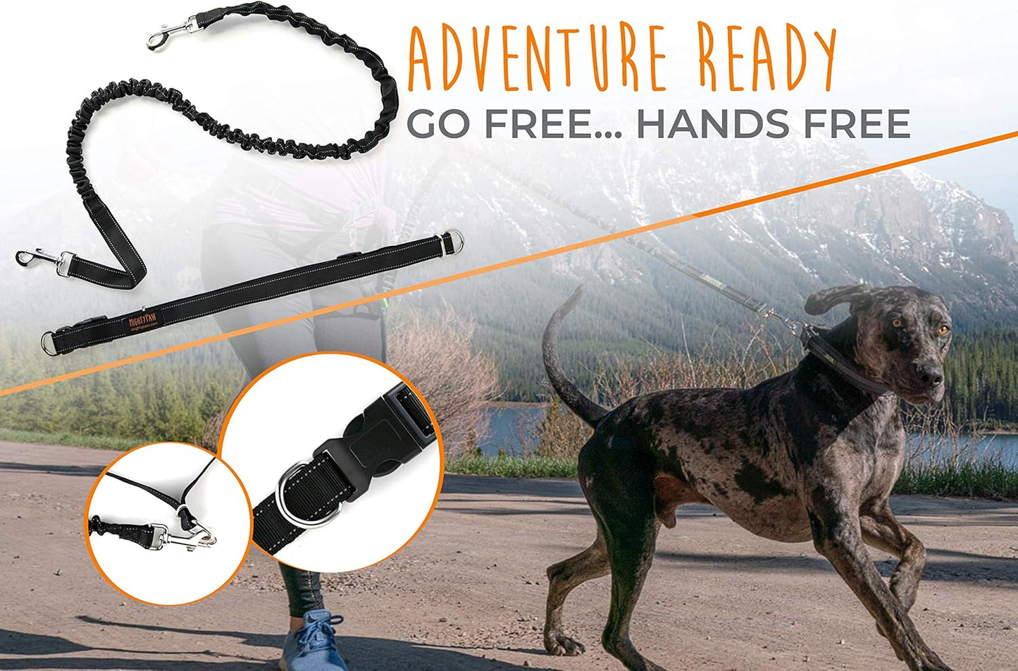 Hands-Free Dog Leash | Bungee Waist Leash for Walking and Running with Pets of All Sizes | Adjustable Waist Belt (36" - 48") Supports Up to 150 lbs - Black