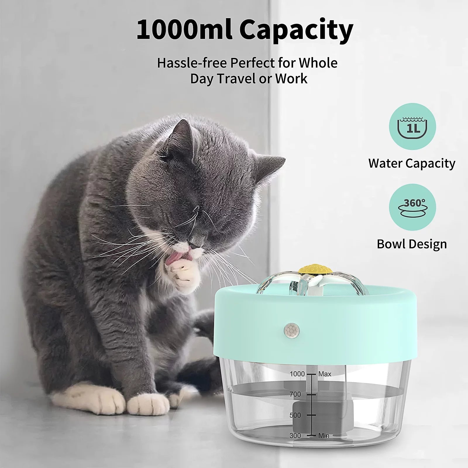 Automatic Cat Water Fountain with 1000mAh Battery, 35 oz Capacity, Blue
