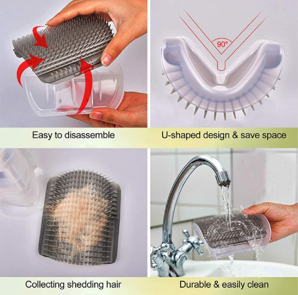 Cat Self-Grooming Wall Brush with Corner Scratcher, Massage Comb, and Catnip Holder