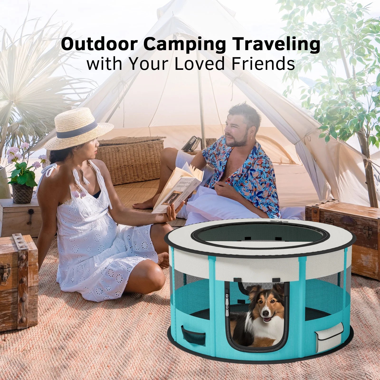 Indoor/Outdoor Dog Playpen with Carrying Case - Versatile Pet Enclosure for Small Dogs, Cats, and Rabbits with Two Doors and Zippered Top