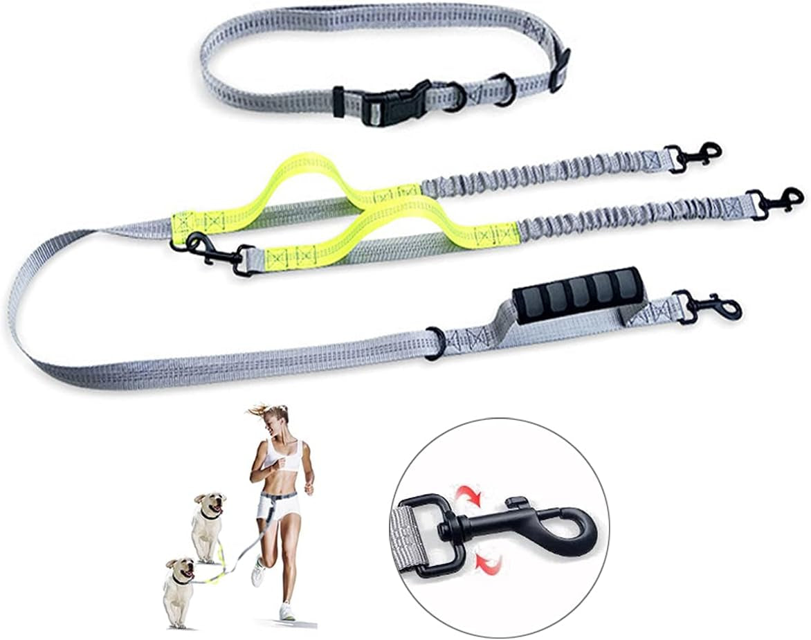 Dual Dog Leash with 360° Swivel, Tangle-Free Bungee Design, Shock Absorbing and Reflective, Hands-Free Walking and Training Solution for Two Dogs, Yellow