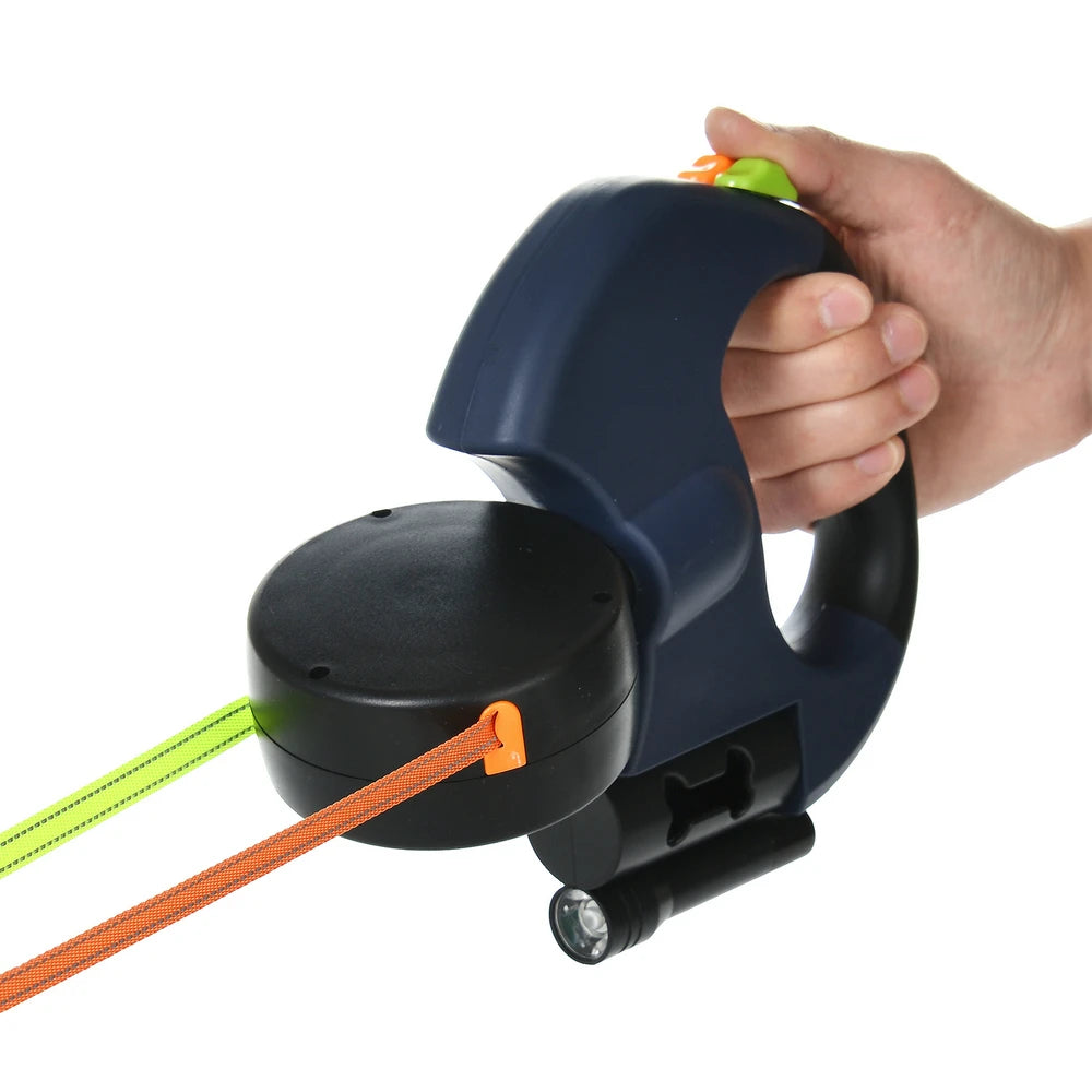 3M Reflective Retractable Dog Leash for Small Dogs with Dual Lead, 360° Swivel, Tangle-Free Design, and Integrated Lights