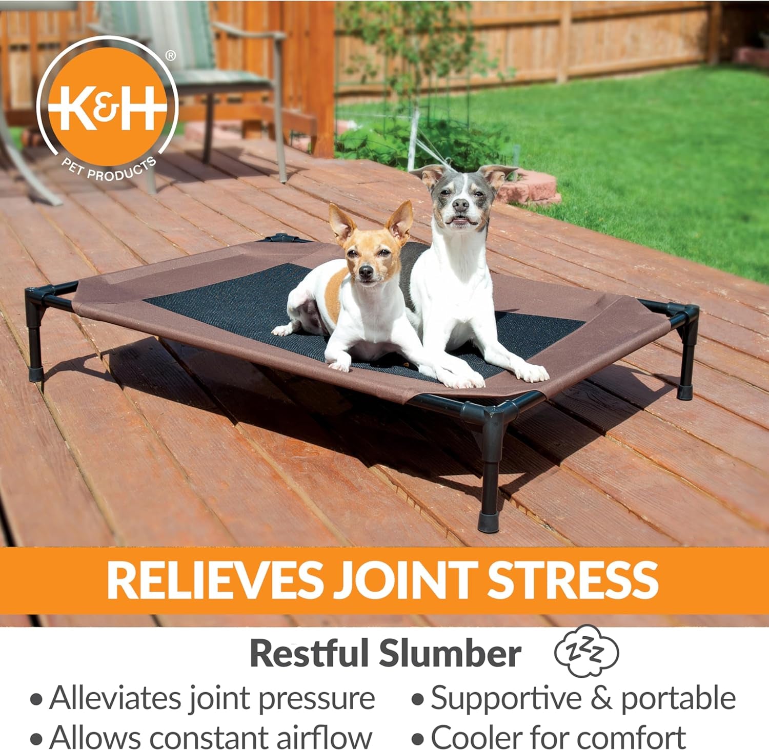 Elevated Outdoor Dog Cot - Breathable Cooling Hammock Bed for Large Dogs, Washable Mesh Cover, Raised Metal Frame, Collapsible and Portable - Large 42 x 30 inches, Chocolate
