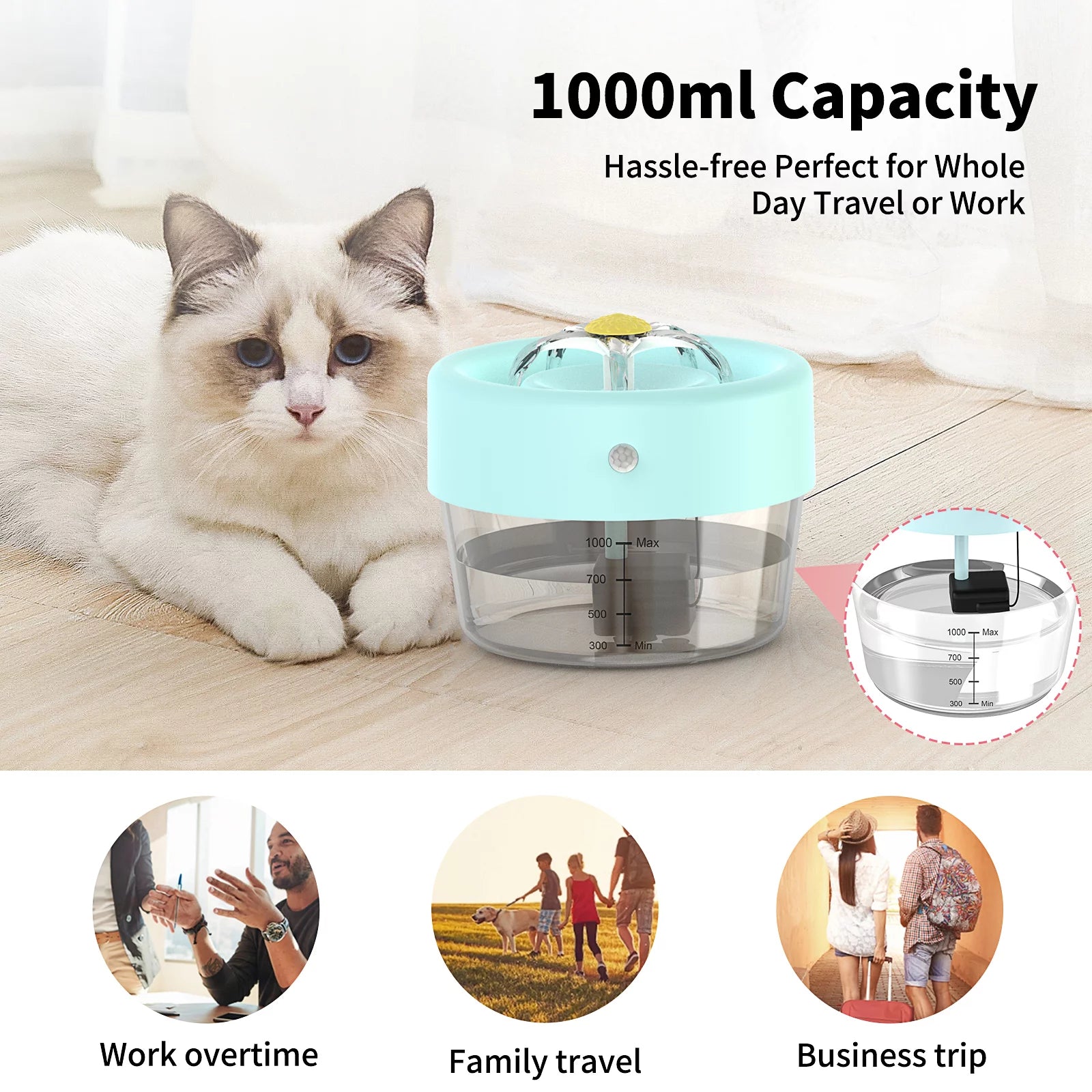 Automatic Cat Water Fountain with 1000mAh Battery, 35 oz Capacity, Blue