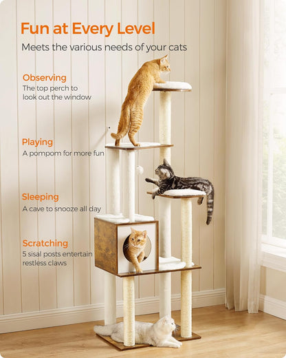 64.6-Inch Modern Cat Tower with Multi-Level Condo, 5 Scratching Posts, Perch, Washable Cushions, and Cave in Rustic Brown