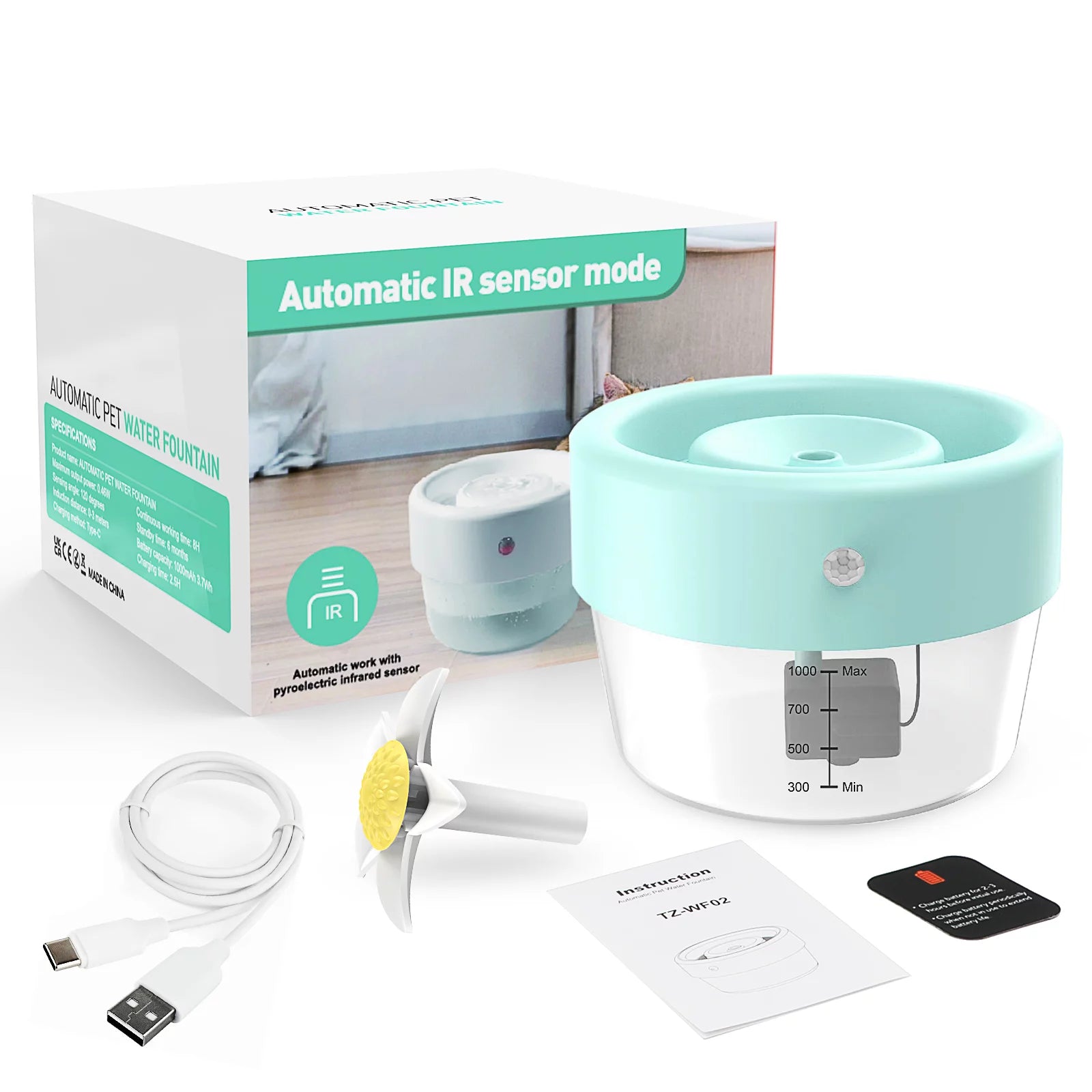 Automatic Cat Water Fountain with 1000mAh Battery, 35 oz Capacity, Blue