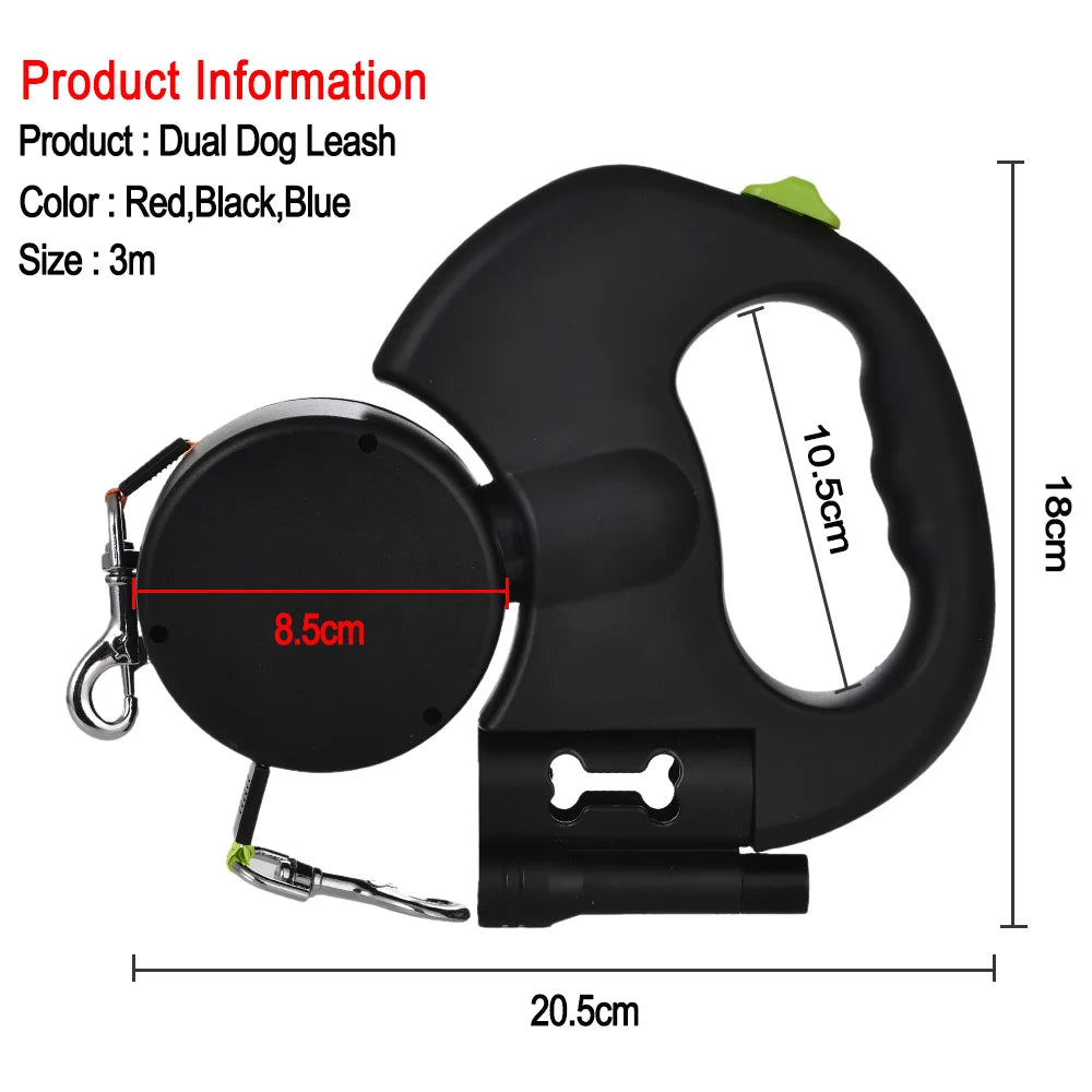 3M Reflective Retractable Dog Leash for Small Dogs with Dual Lead, 360° Swivel, Tangle-Free Design, and Integrated Lights